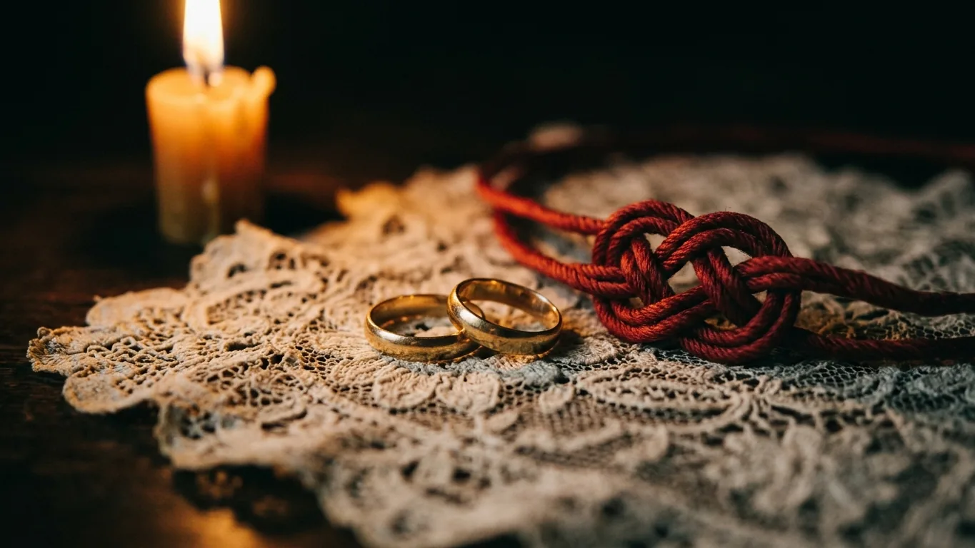 Wedding bands beside a knotted red cord