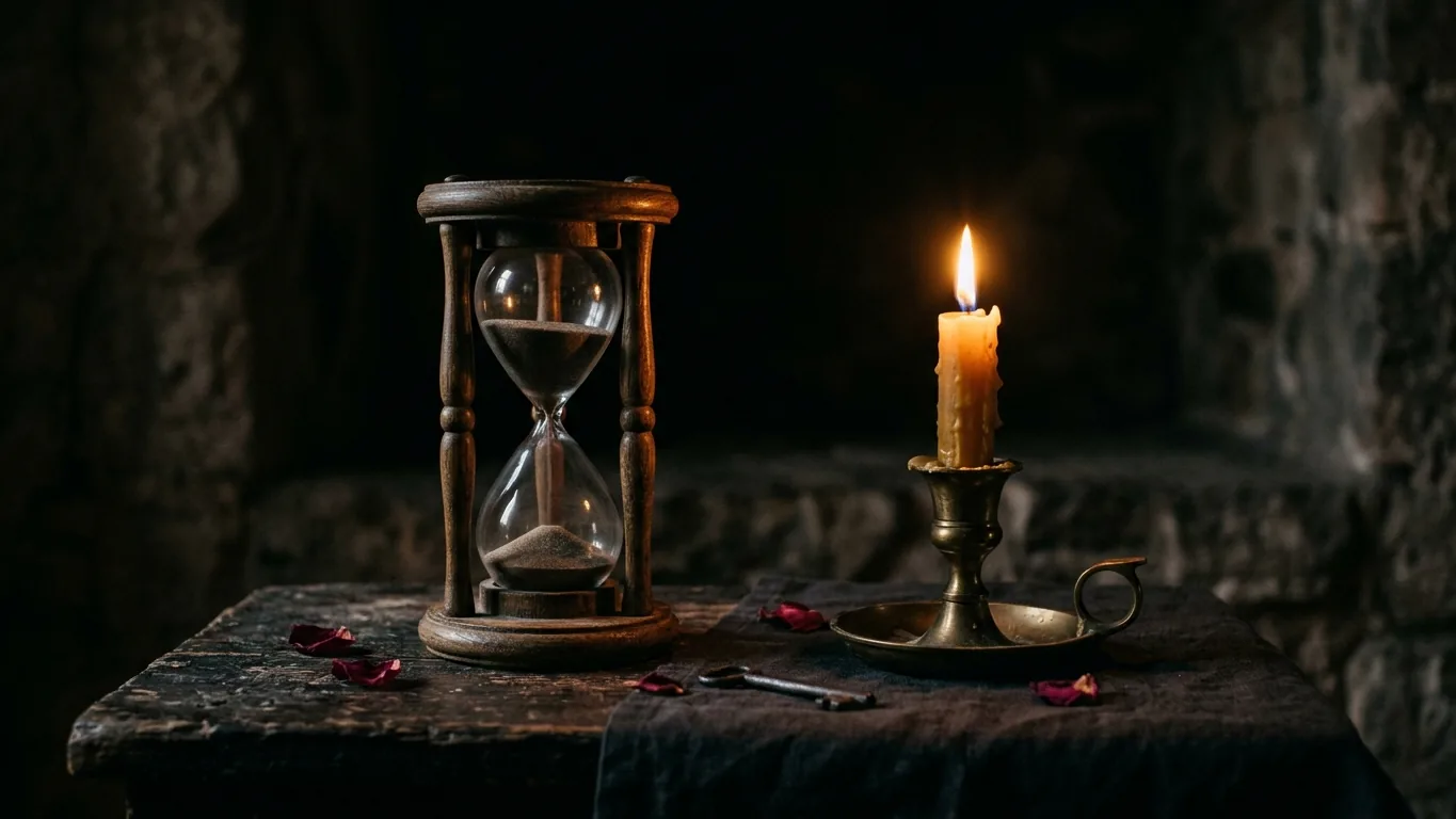 Hourglass beside a burning candle