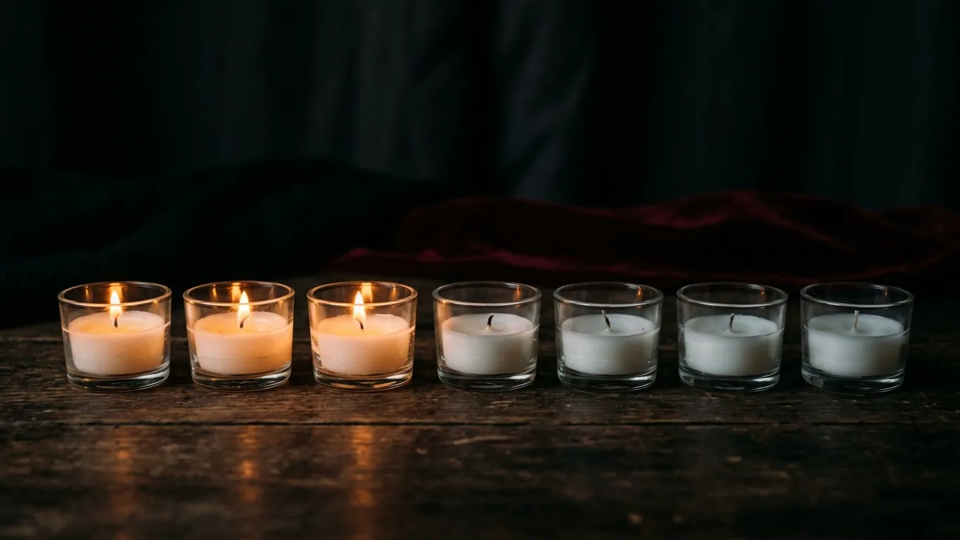 Seven tealights, three lit