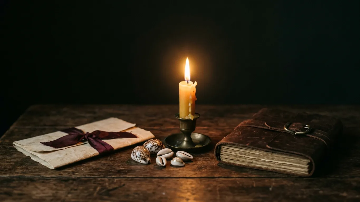 Letter, cowries, candle and journal in a row