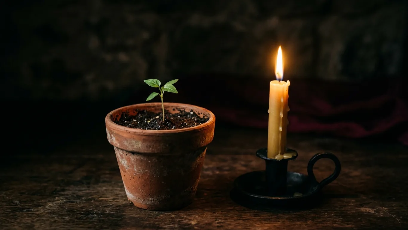 Seedling in a clay pot beside a candle