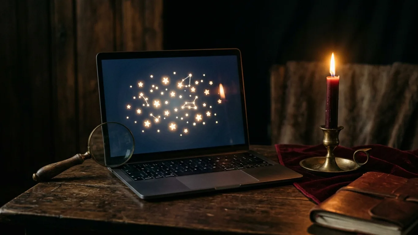 Laptop, magnifying glass and candle