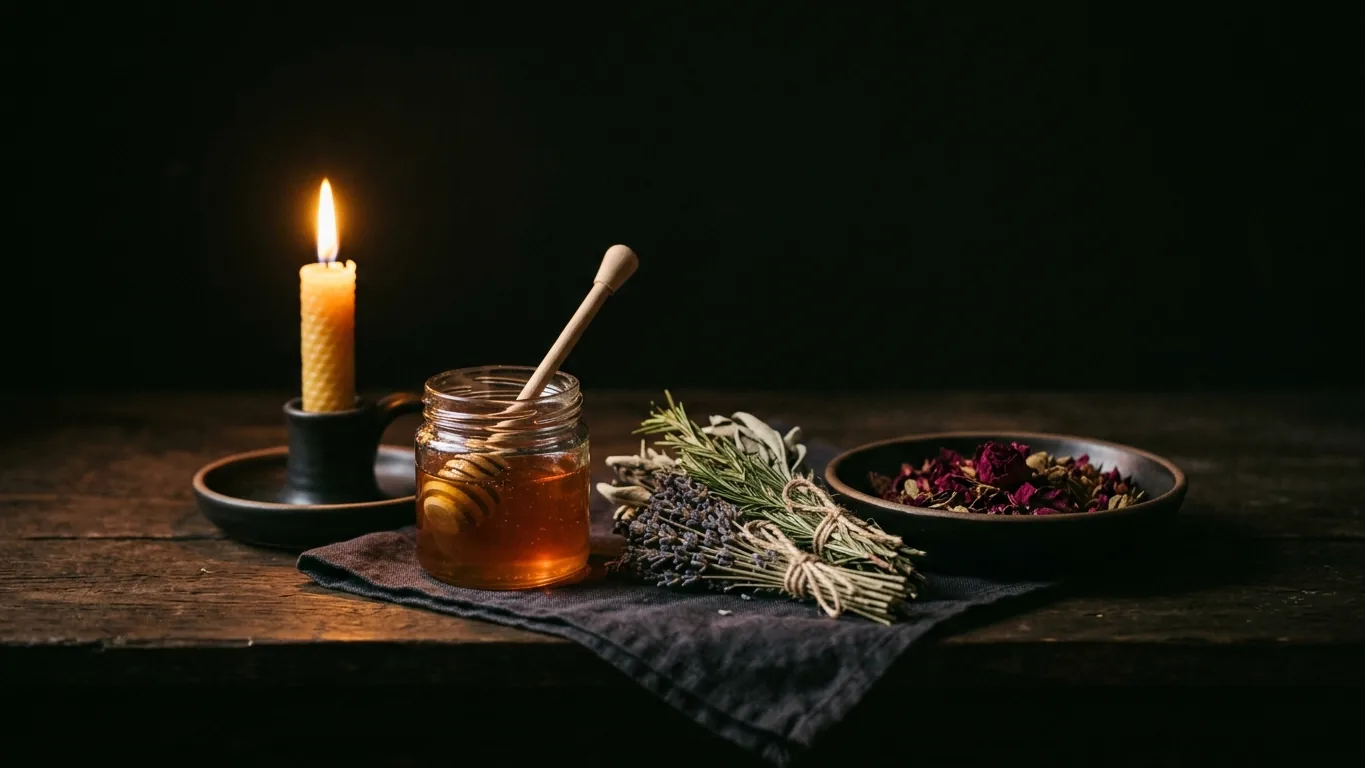 Neatly arranged candles, honey and herbs