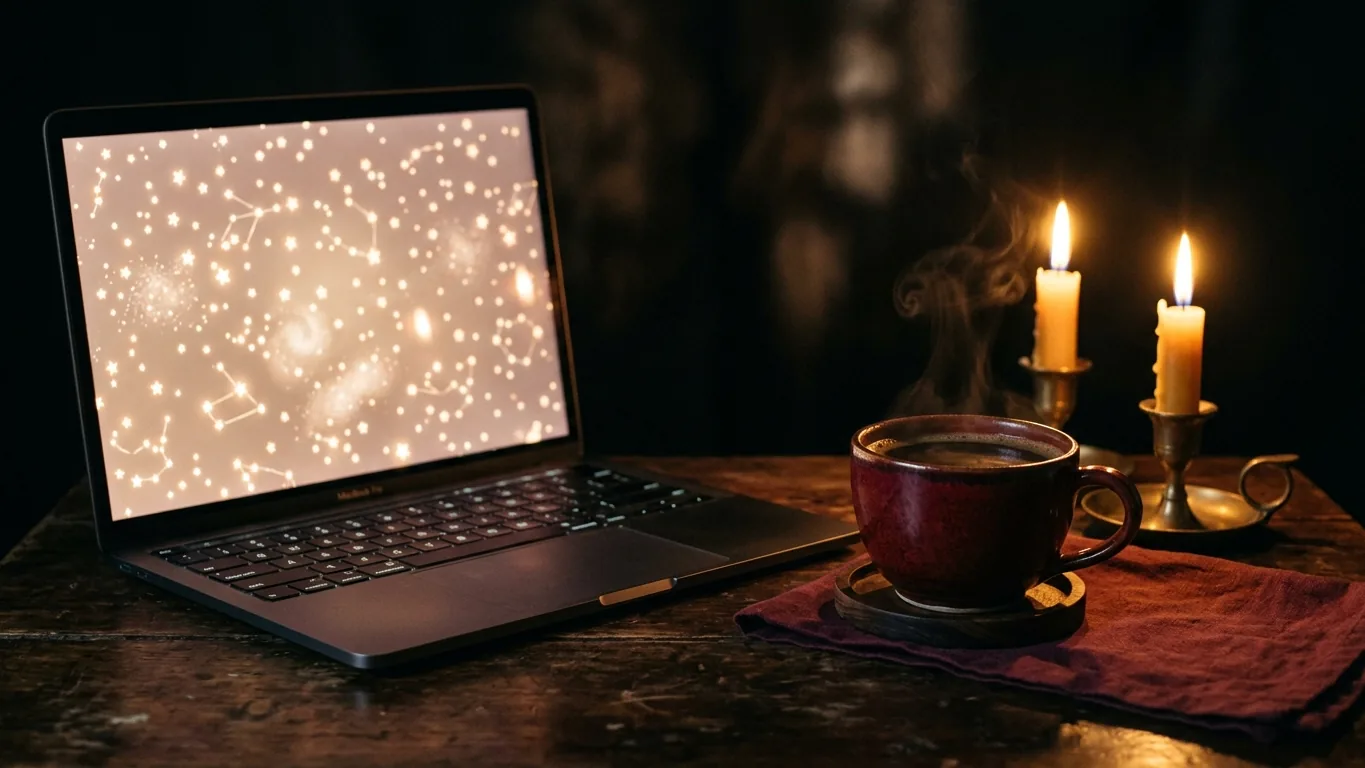 Laptop with glowing stars and coffee