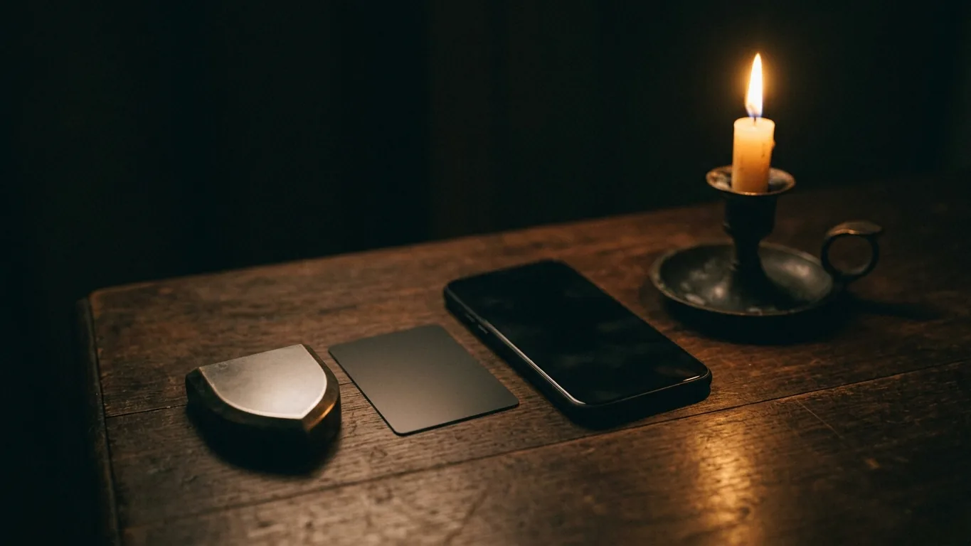 Bank card, phone and shield paperweight