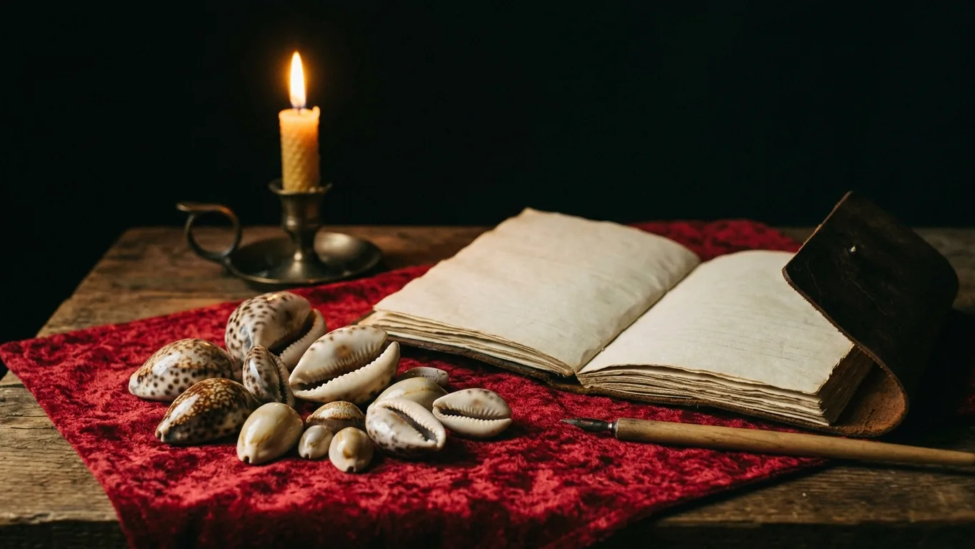 Cowrie shells, notebook and candle