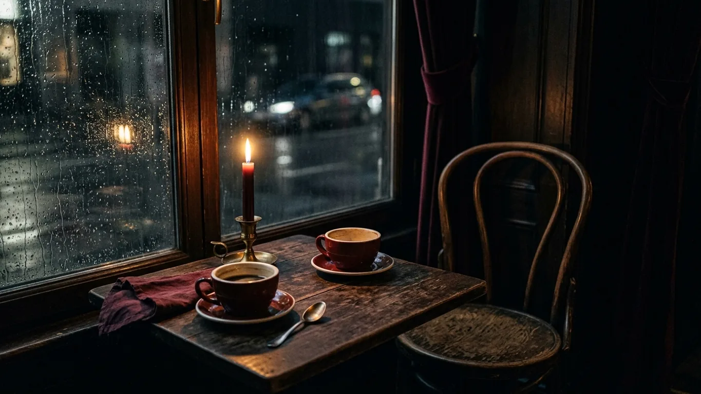 Café table with two cups by a rainy window