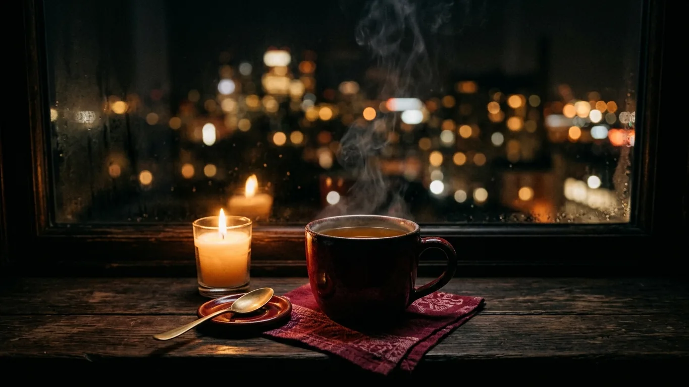 Tea on a windowsill at night