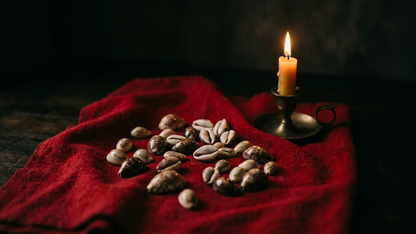Cowrie shells and a notebook