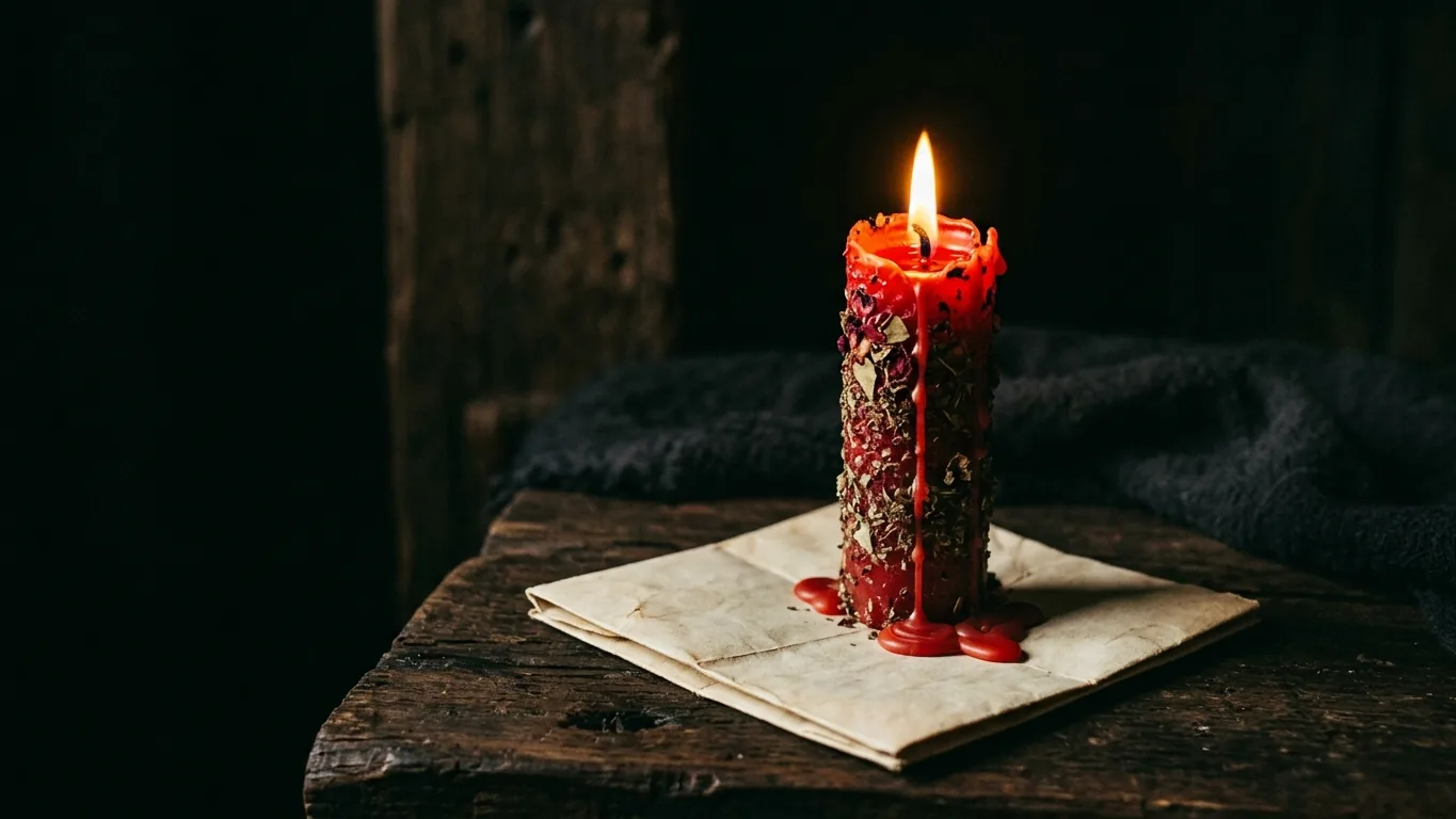 Red candle with rose petals and honey