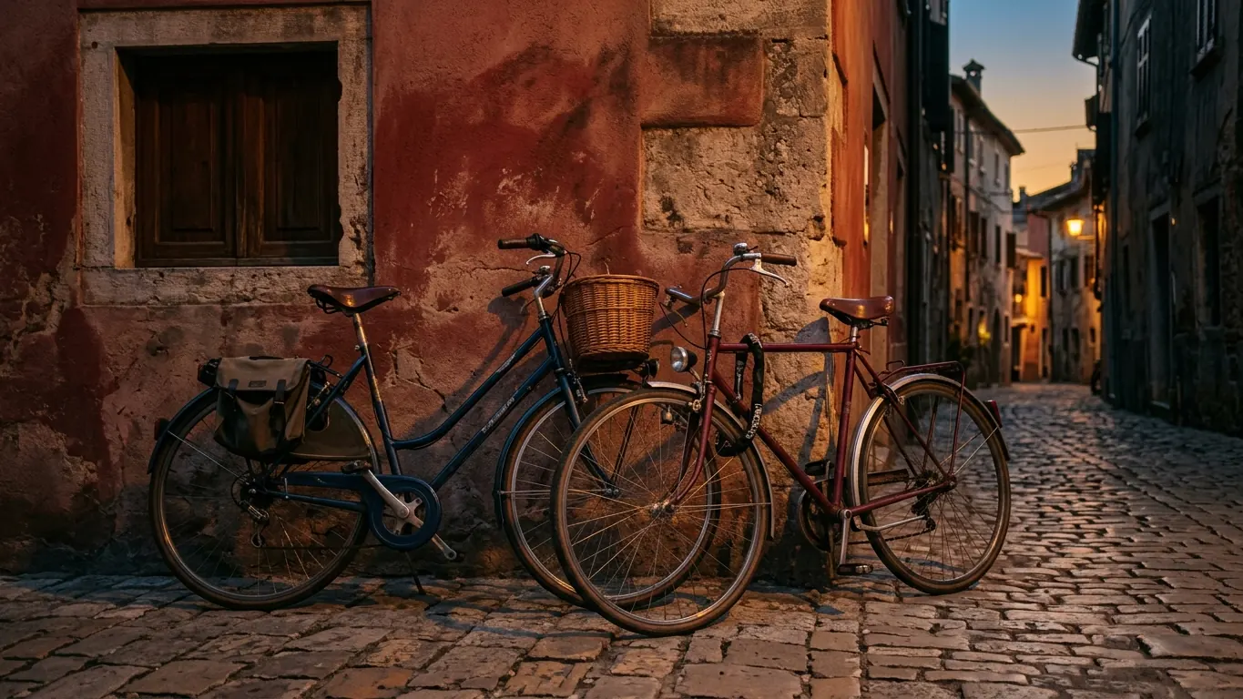 Two bicycles leaning together at golden hour