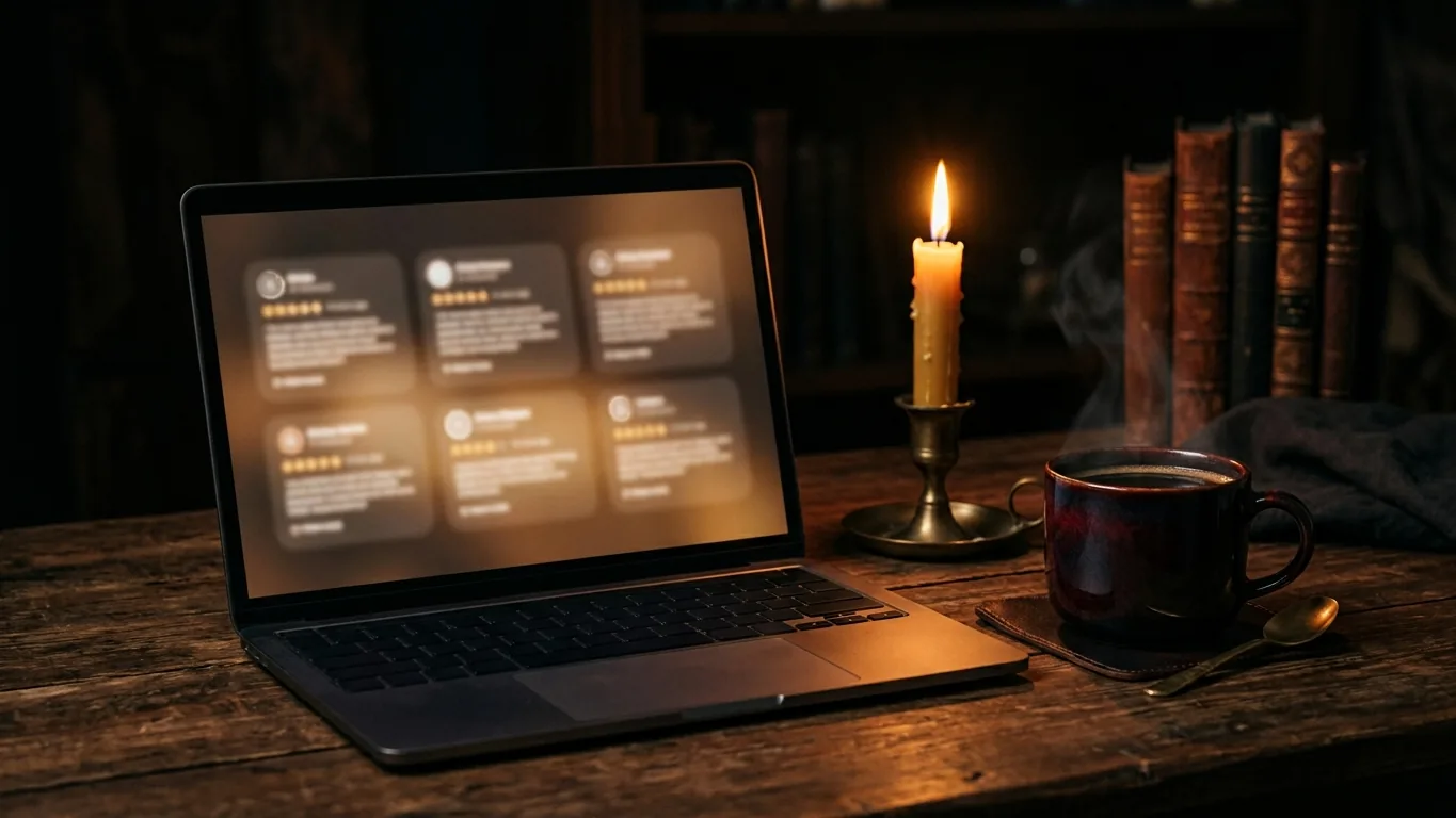 Laptop with tidy blurred review cards