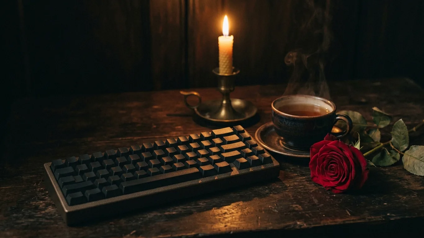 Keyboard, tea and a rose