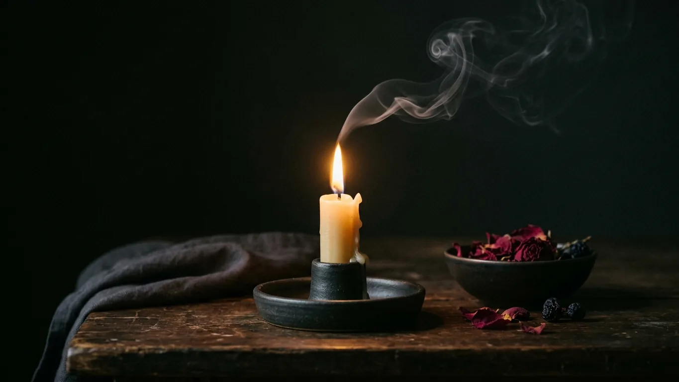 Single candle with a gentle curl of smoke
