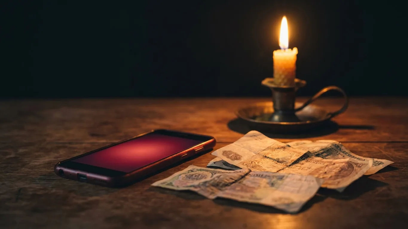 Phone glowing beside scattered banknotes