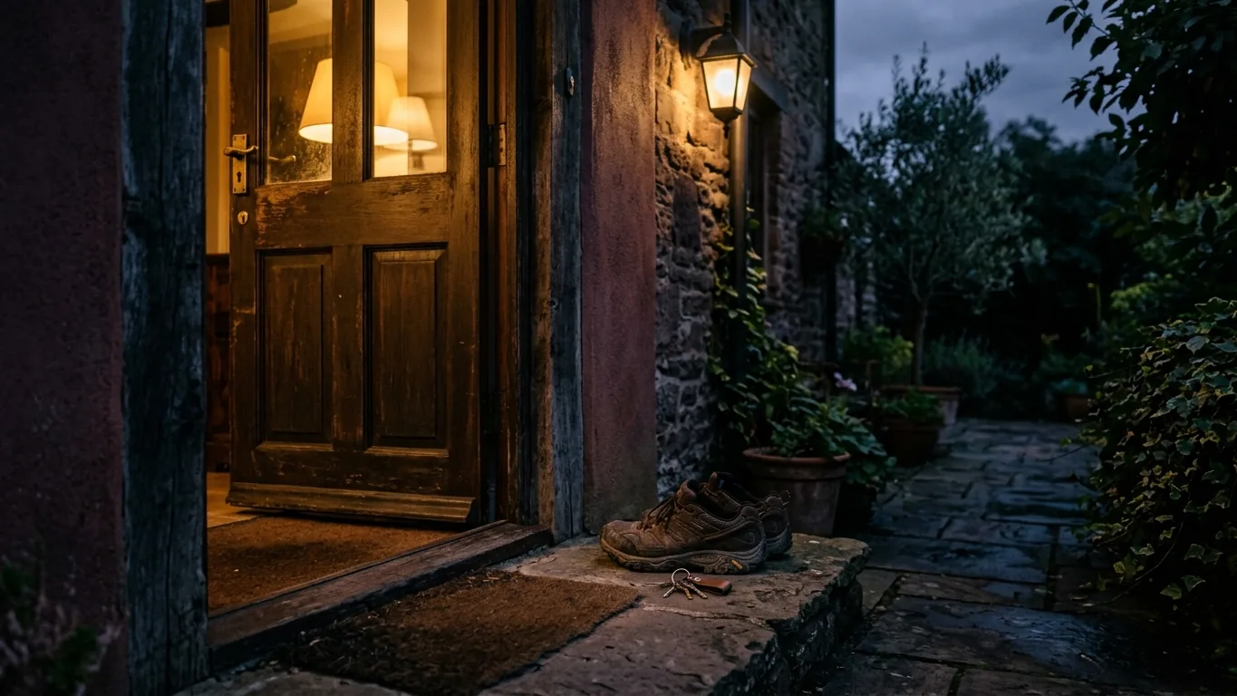 Walking shoes and keys by the door