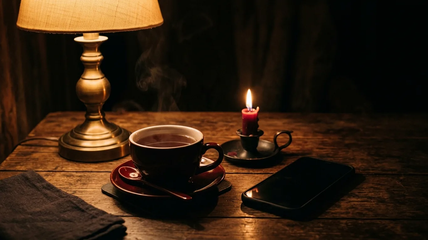 Lamp, phone and tea at night