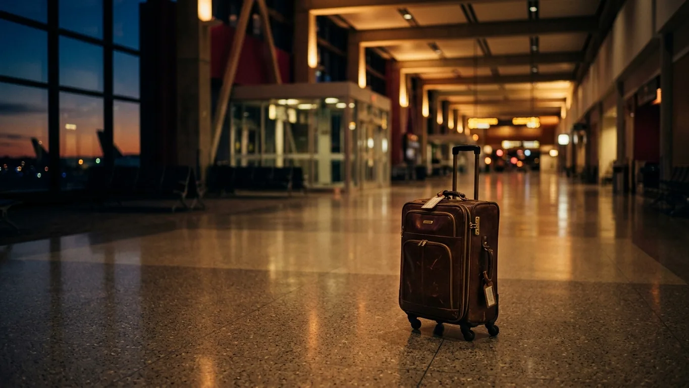 Suitcase in a softly lit airport arrivals hall