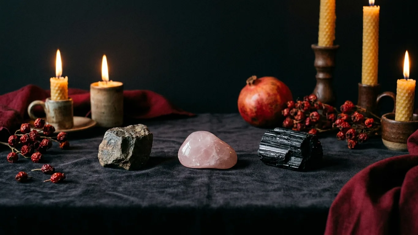 Lodestone and crystals on dark cloth by candlelight