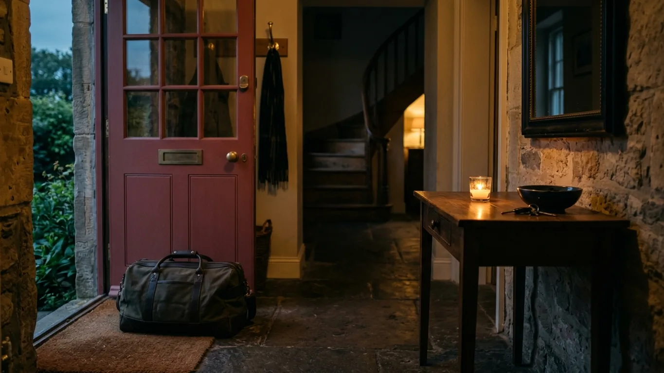 Duffel bag by the door beside a candle