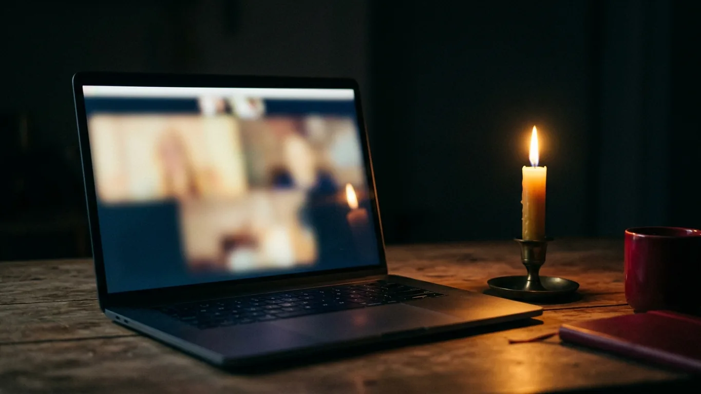 Laptop video call glowing beside a candle