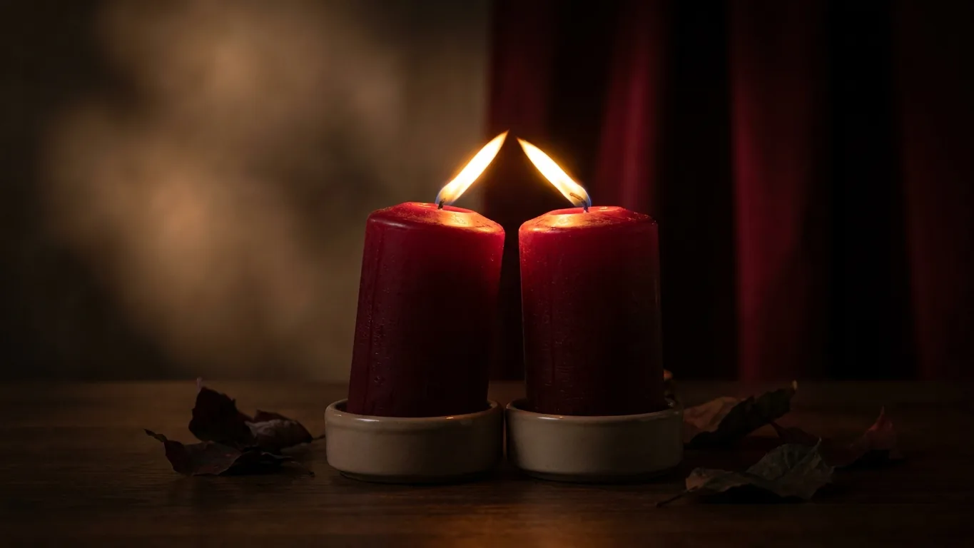 Two red candles with flames leaning together
