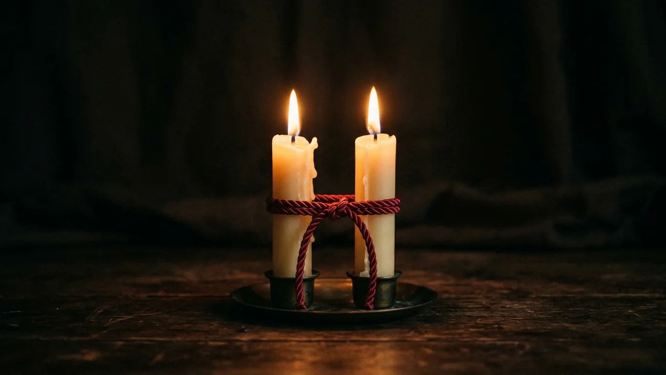 Two identical candles joined by a cord