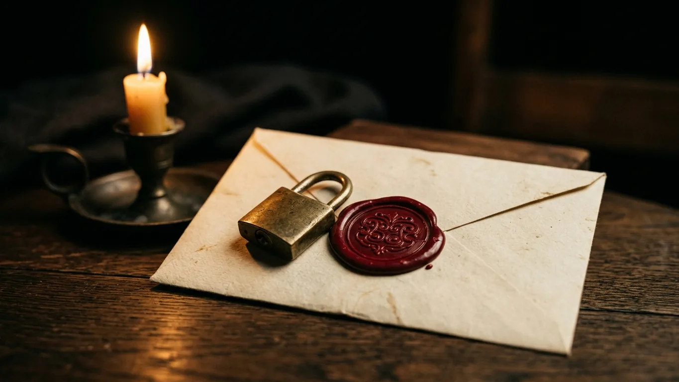 Sealed envelope with a wax seal and a small padlock