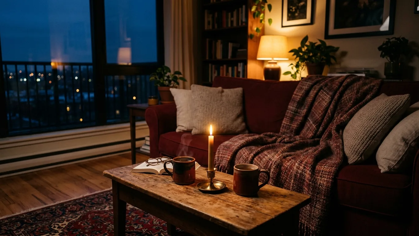 Sofa with a shared blanket and two mugs