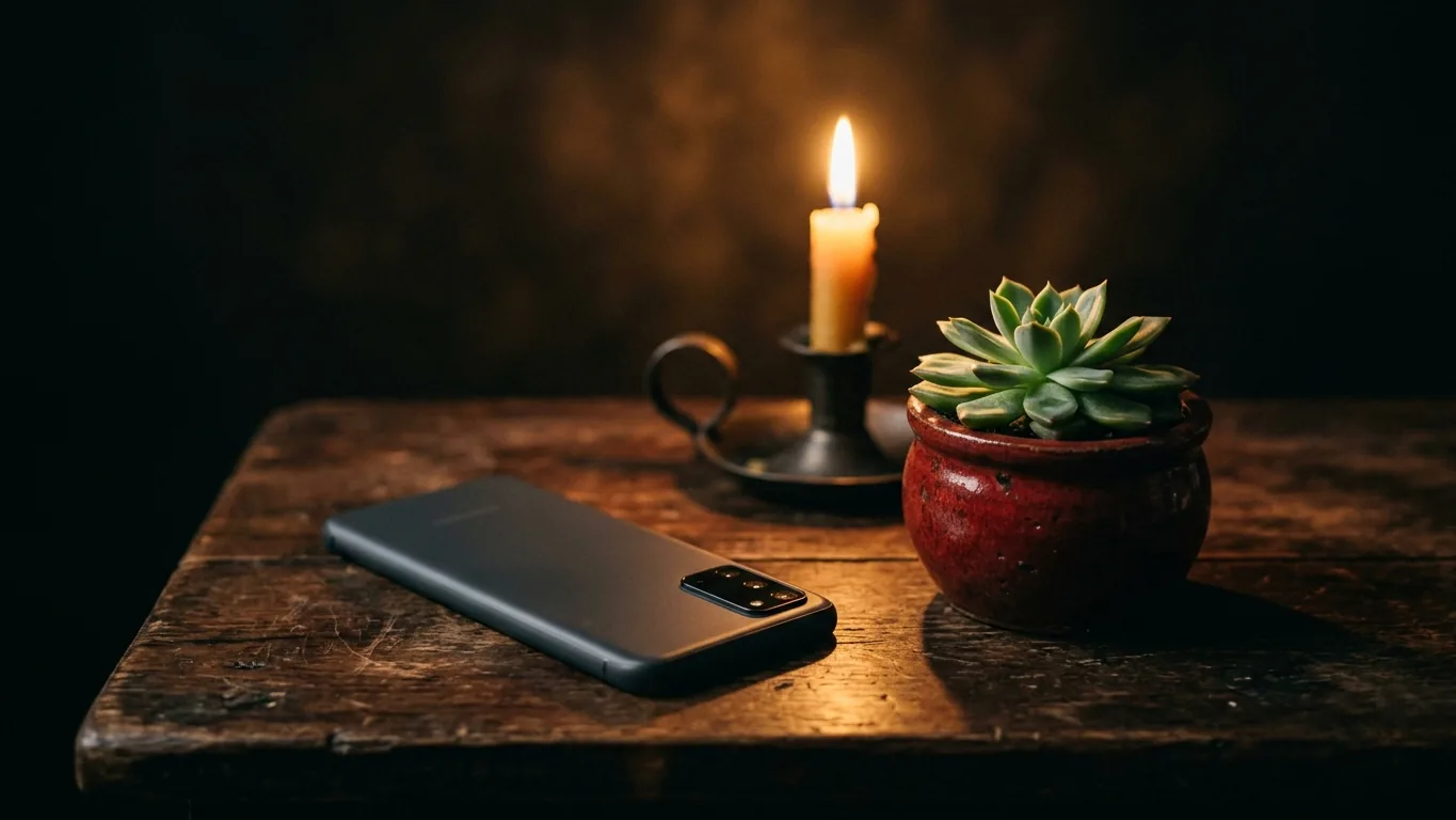 Phone face down beside a plant