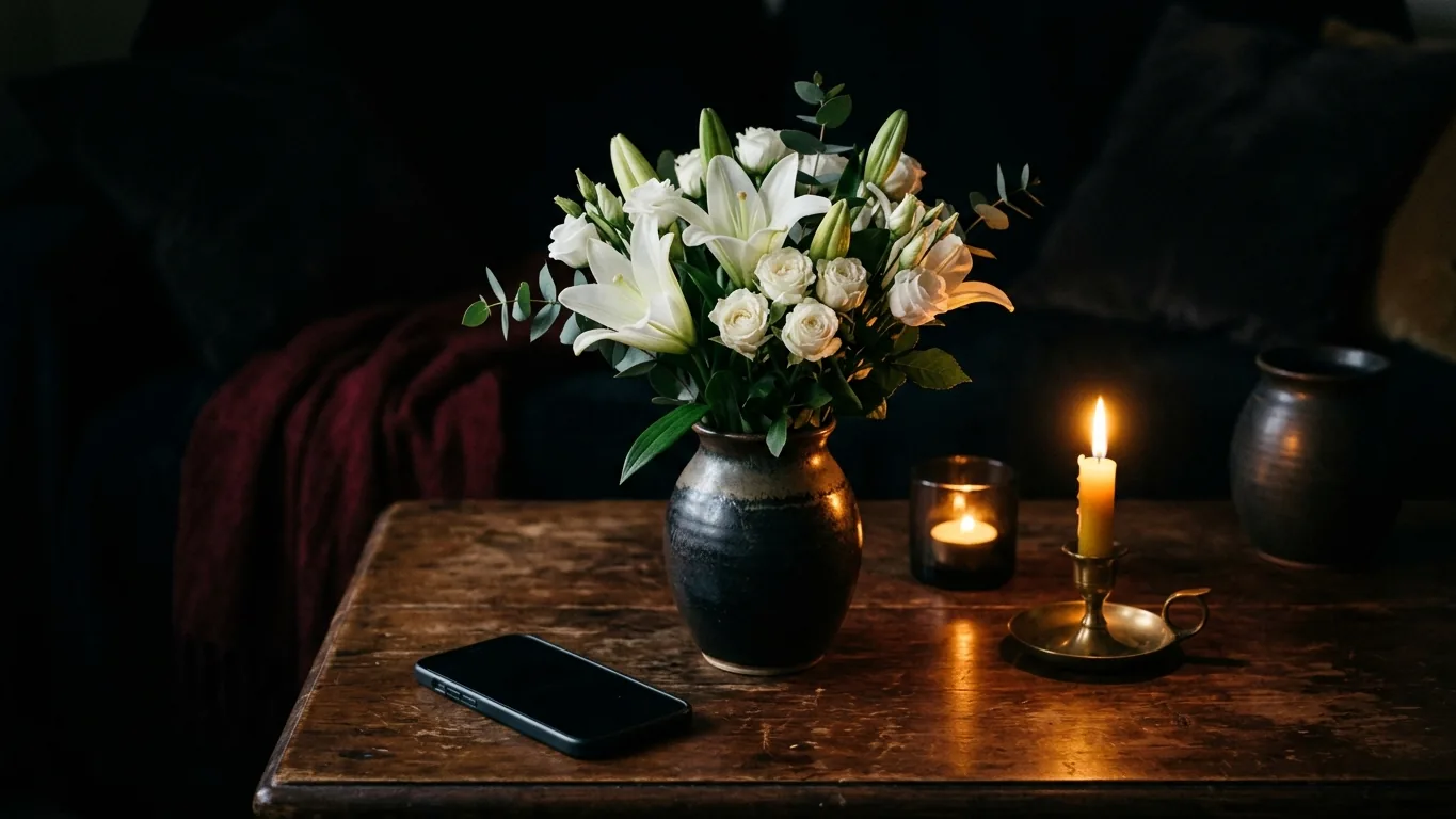 Silent phone beside white flowers