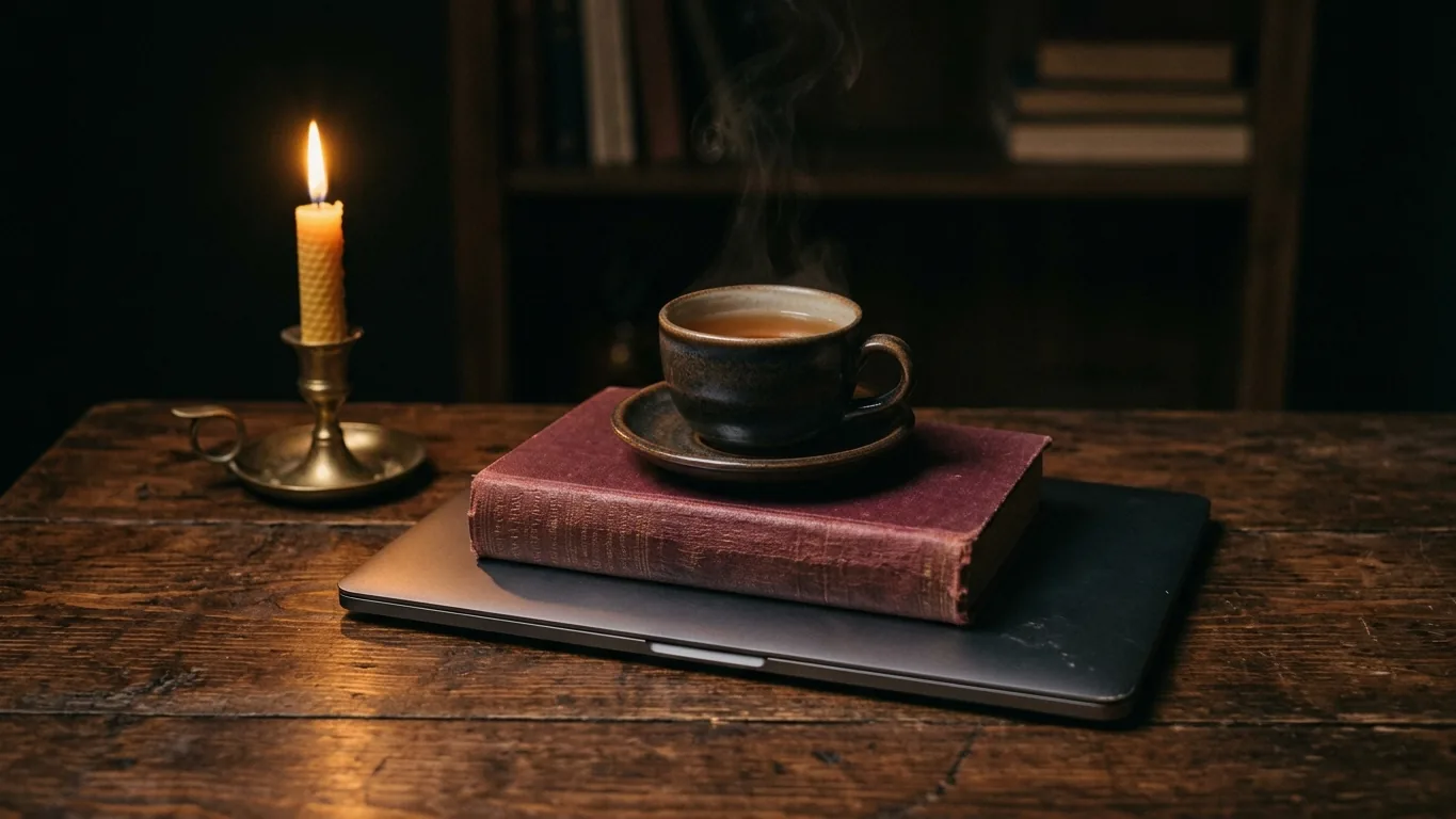 Closed laptop with a book and tea