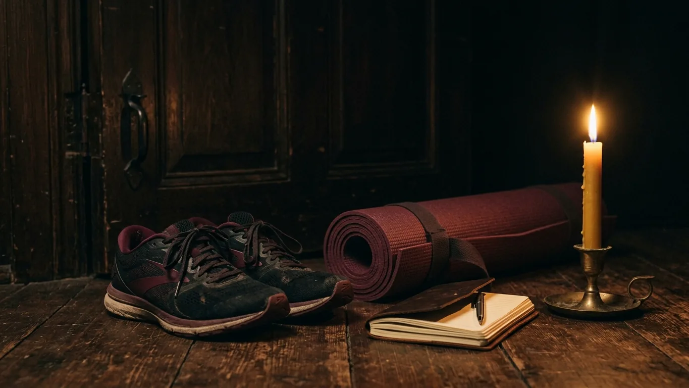 Running shoes, yoga mat and notebook