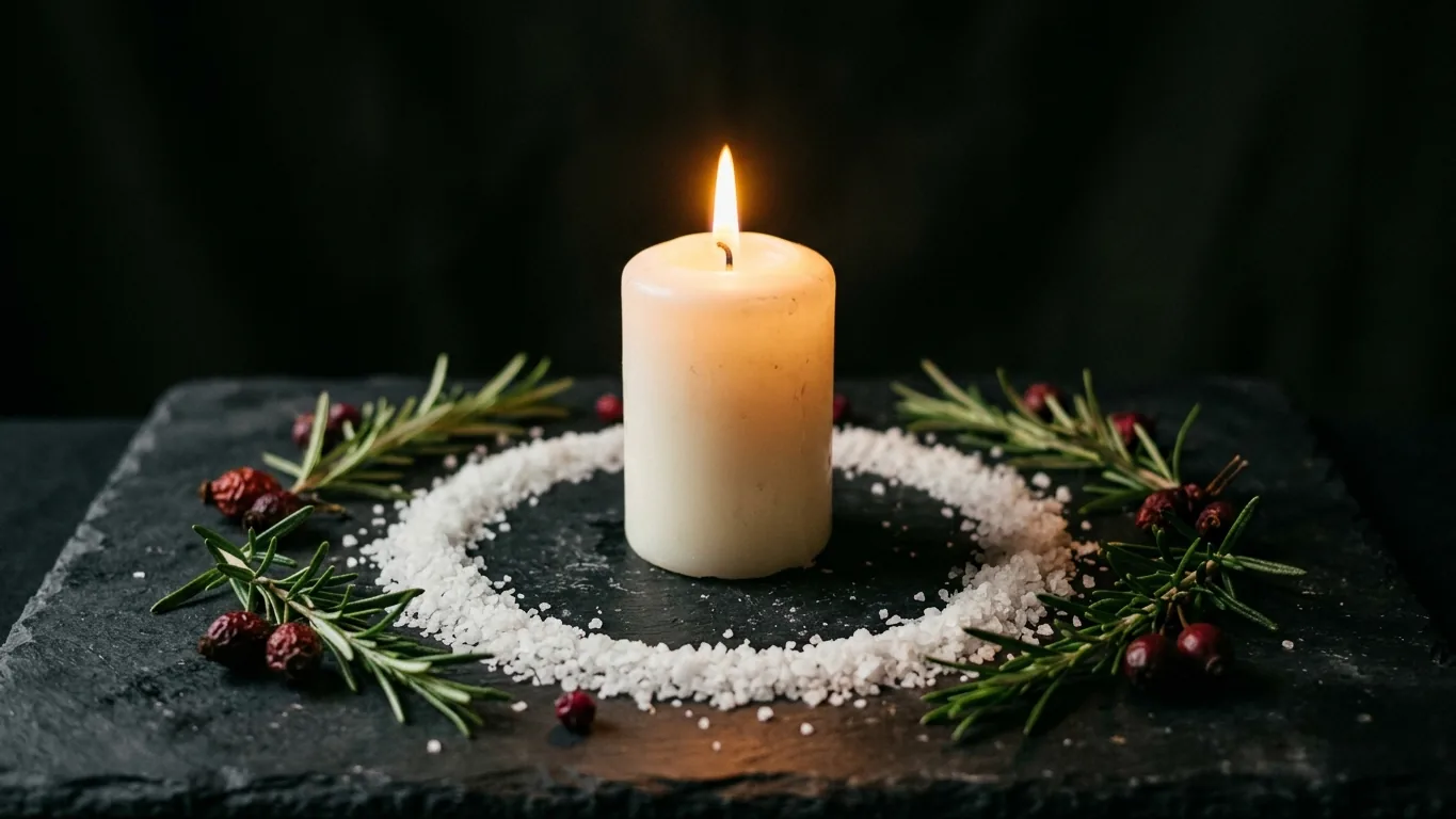White candle ringed with salt and rosemary