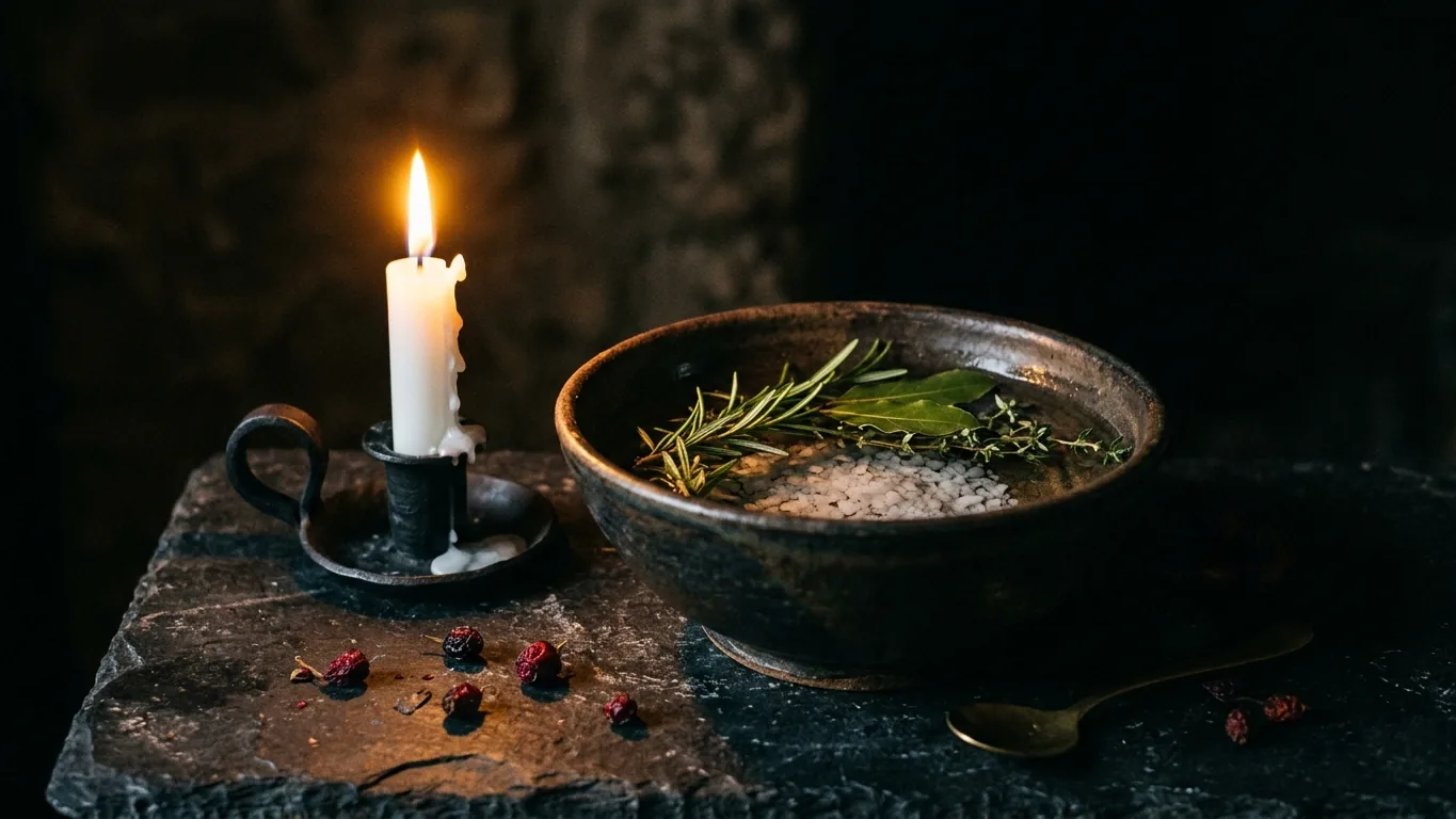 Bowl of salt water and herbs beside a candle