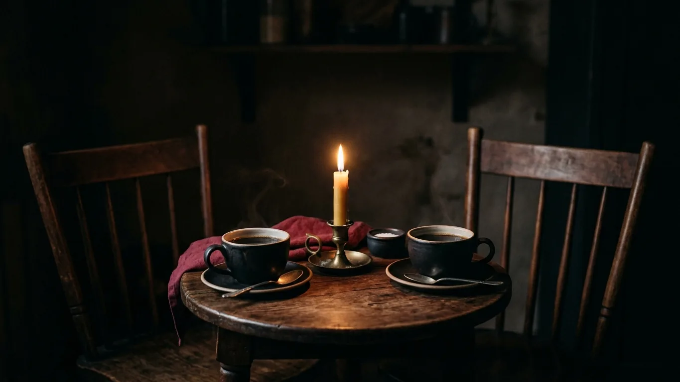 Two coffee cups on a small candlelit table