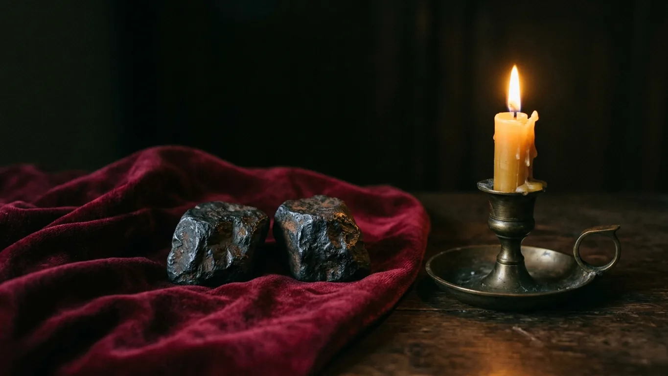 Pair of lodestones beside a candle