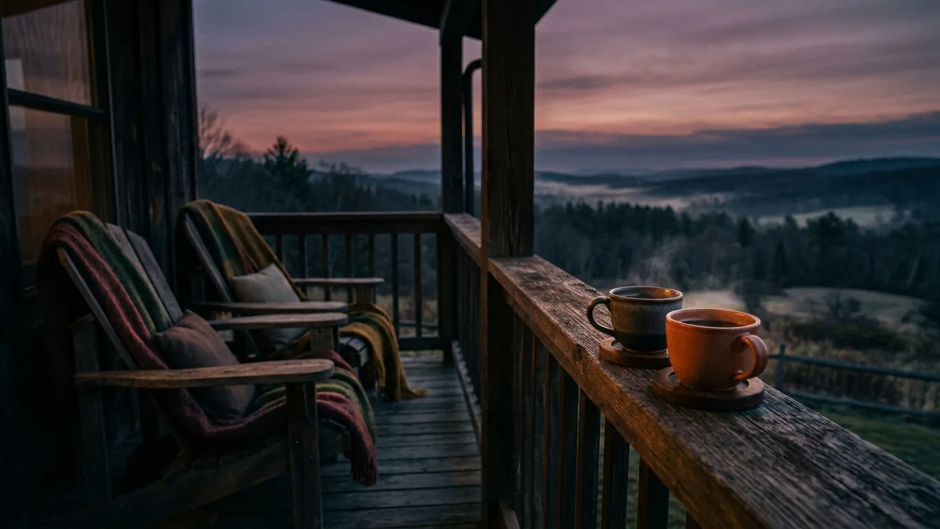 Two coffee cups on a porch railing at dusk