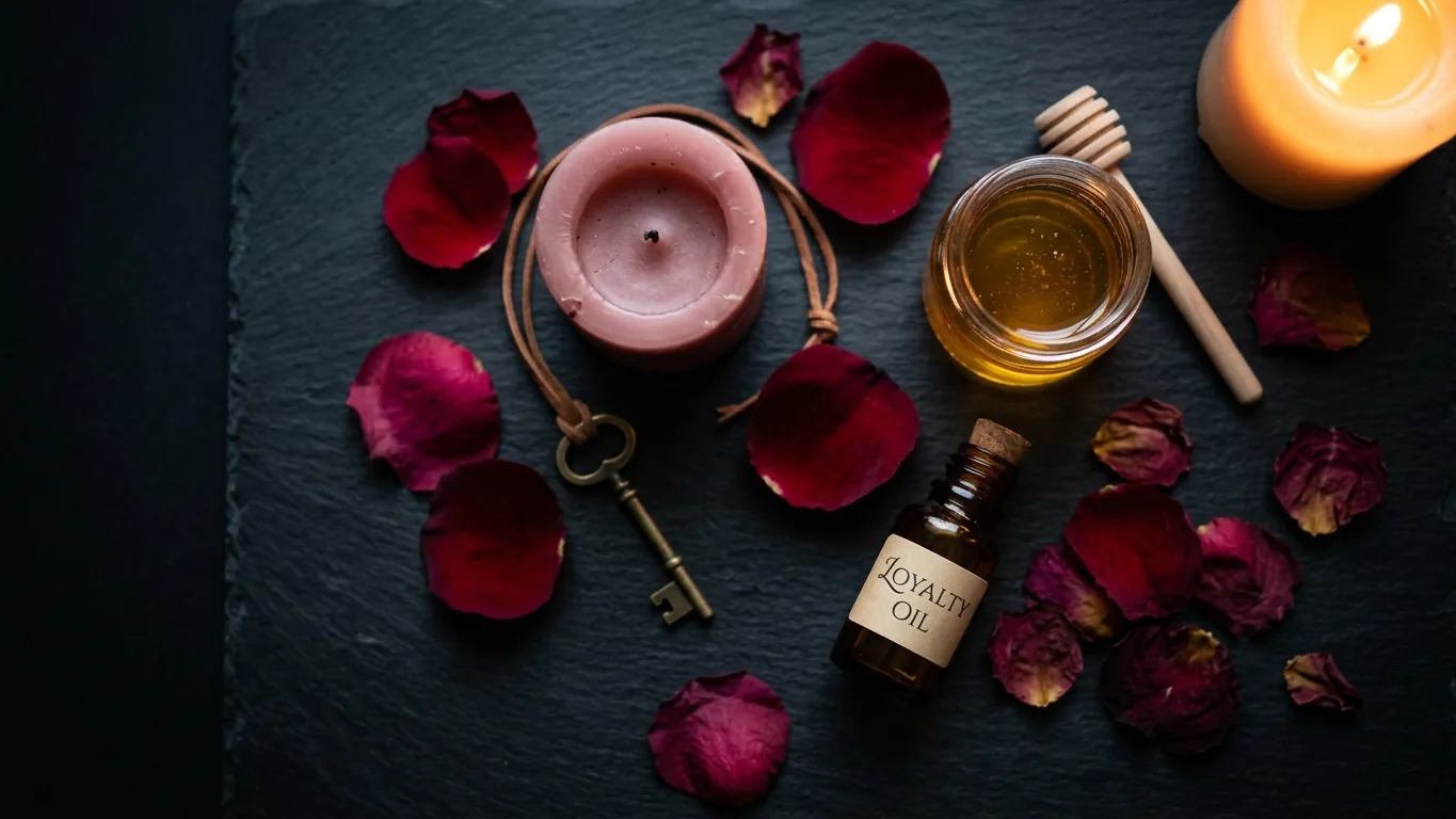 Pink candle with roses, honey and a brass key