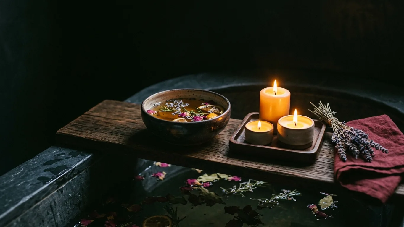 Candles and a bowl of petals on a bath tray