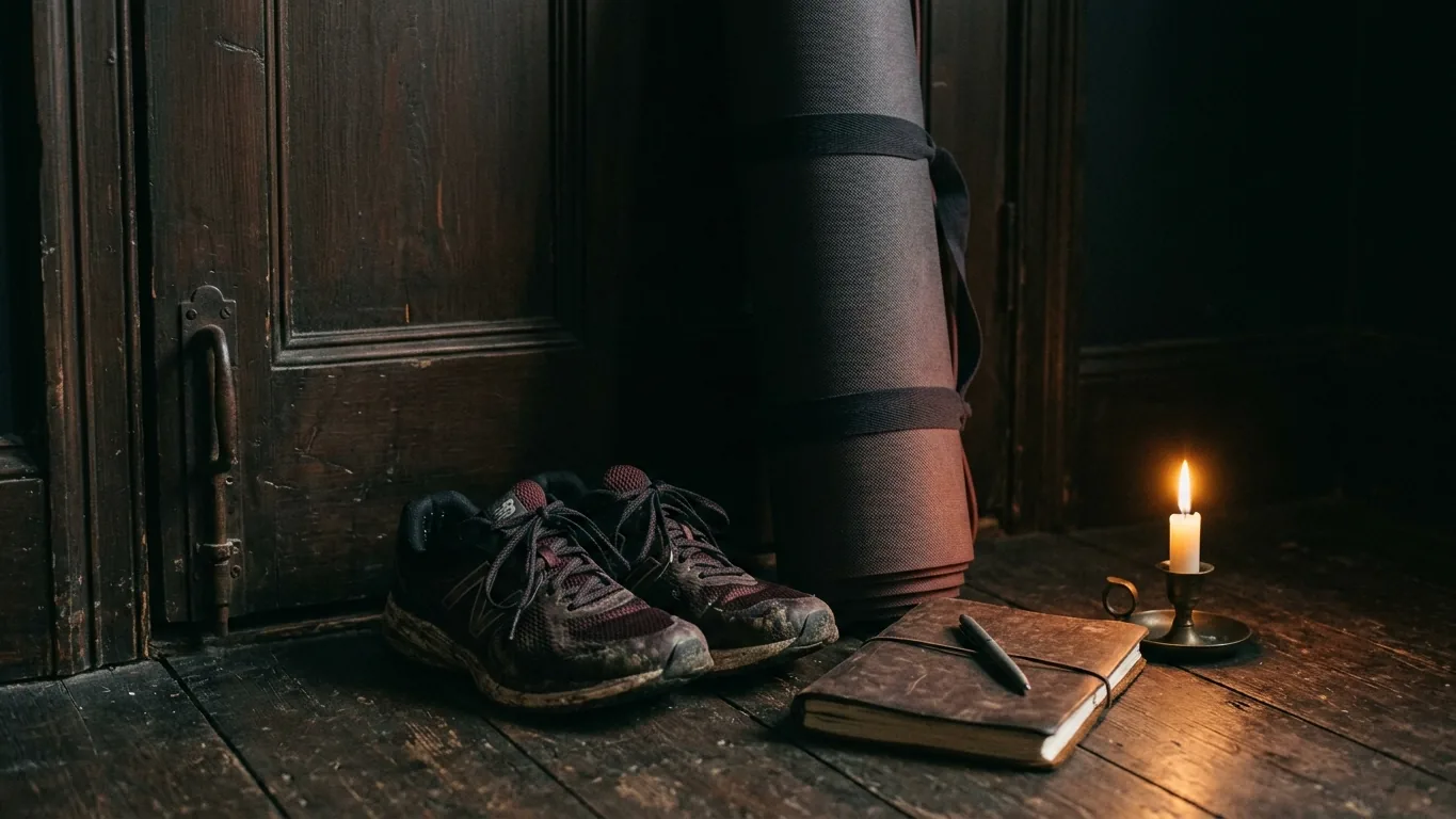 Shoes, a yoga mat and a notebook by the door