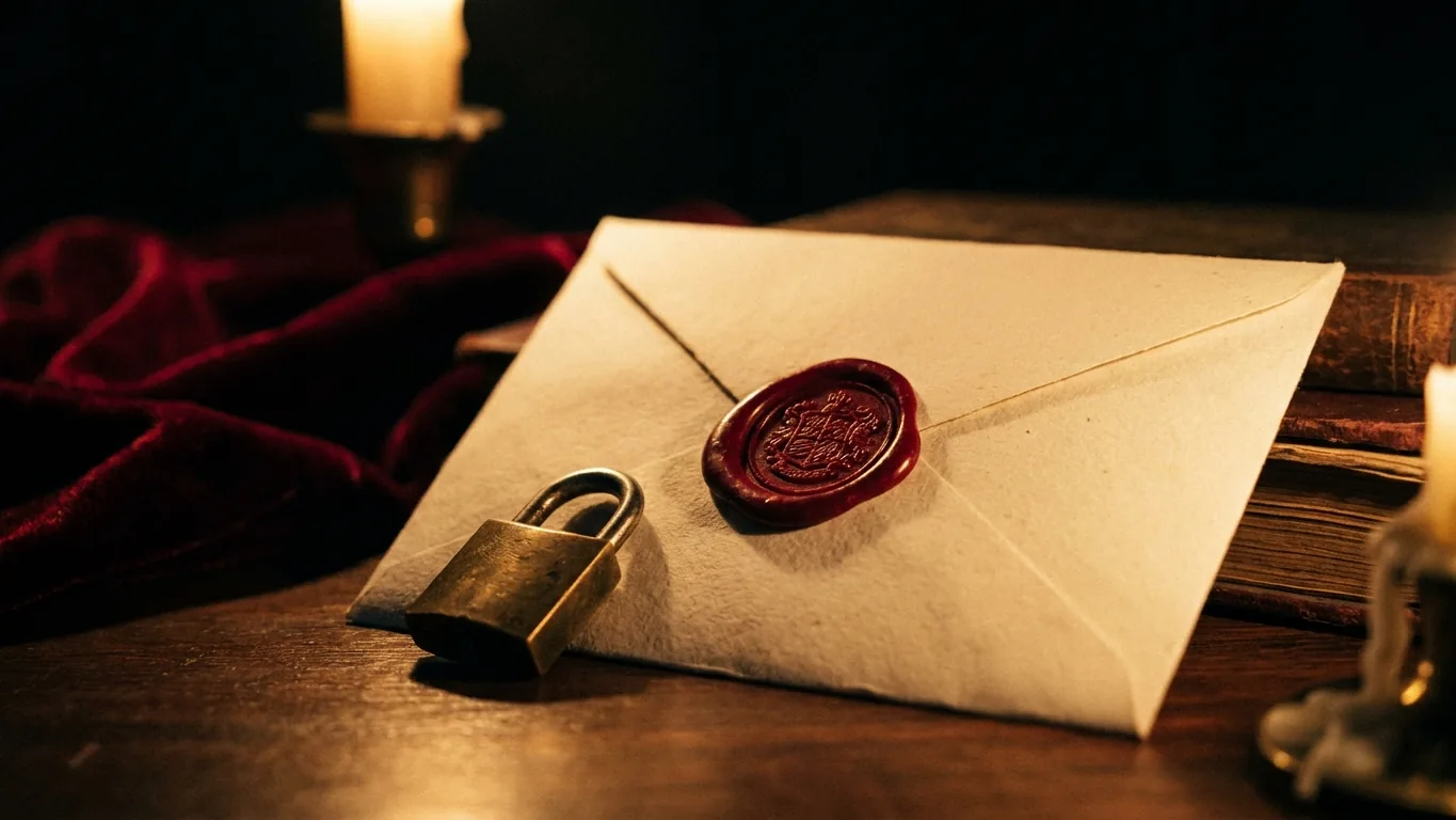 Sealed envelope with a wax seal and a padlock