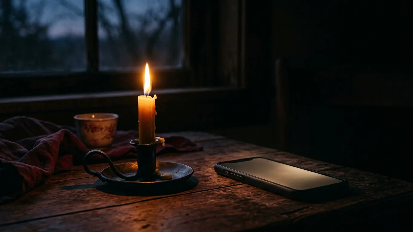 Candle and a glowing phone at dawn
