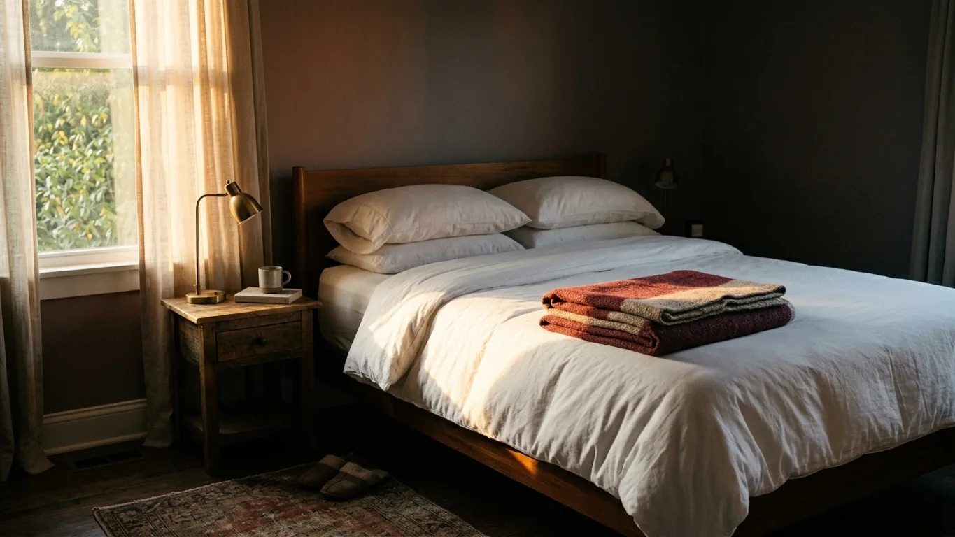 Morning sun on a made bed