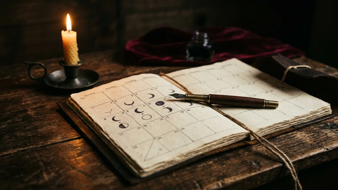 Calendar pages with moon drawings