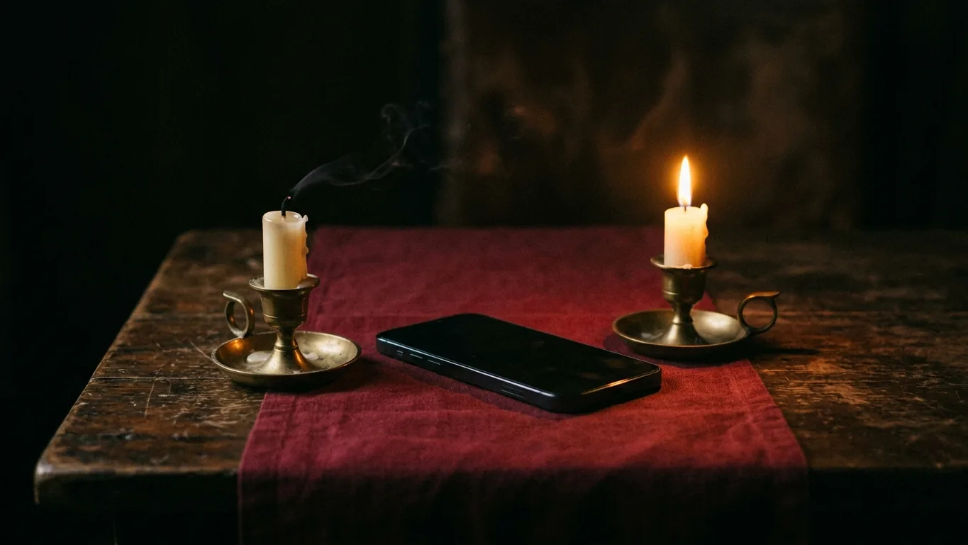 Phone between a lit and an extinguished candle