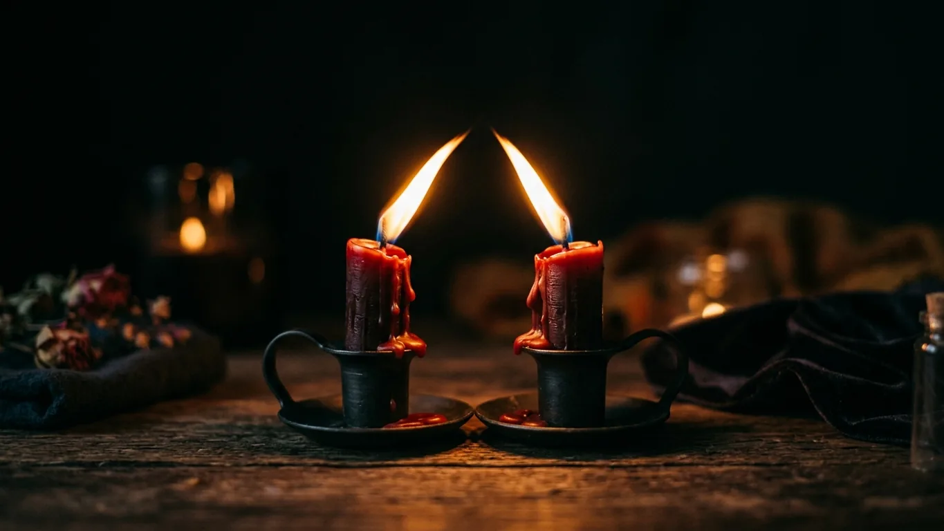 Two candle flames leaning toward each other