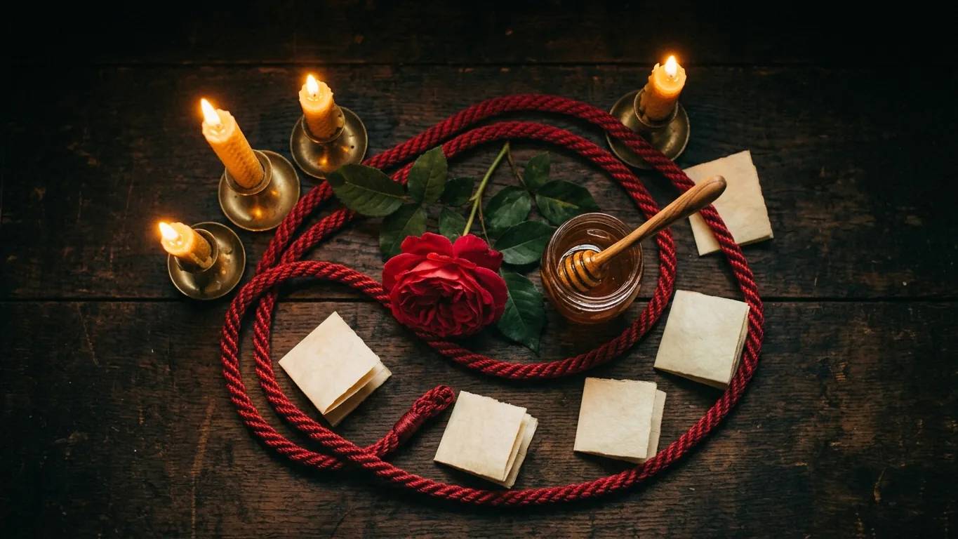 Red cord circled around candles, a rose and folded notes
