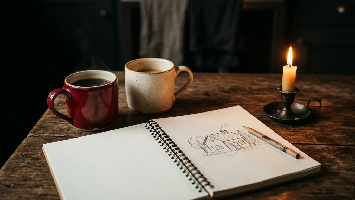Two mugs and a sketchbook on a kitchen table