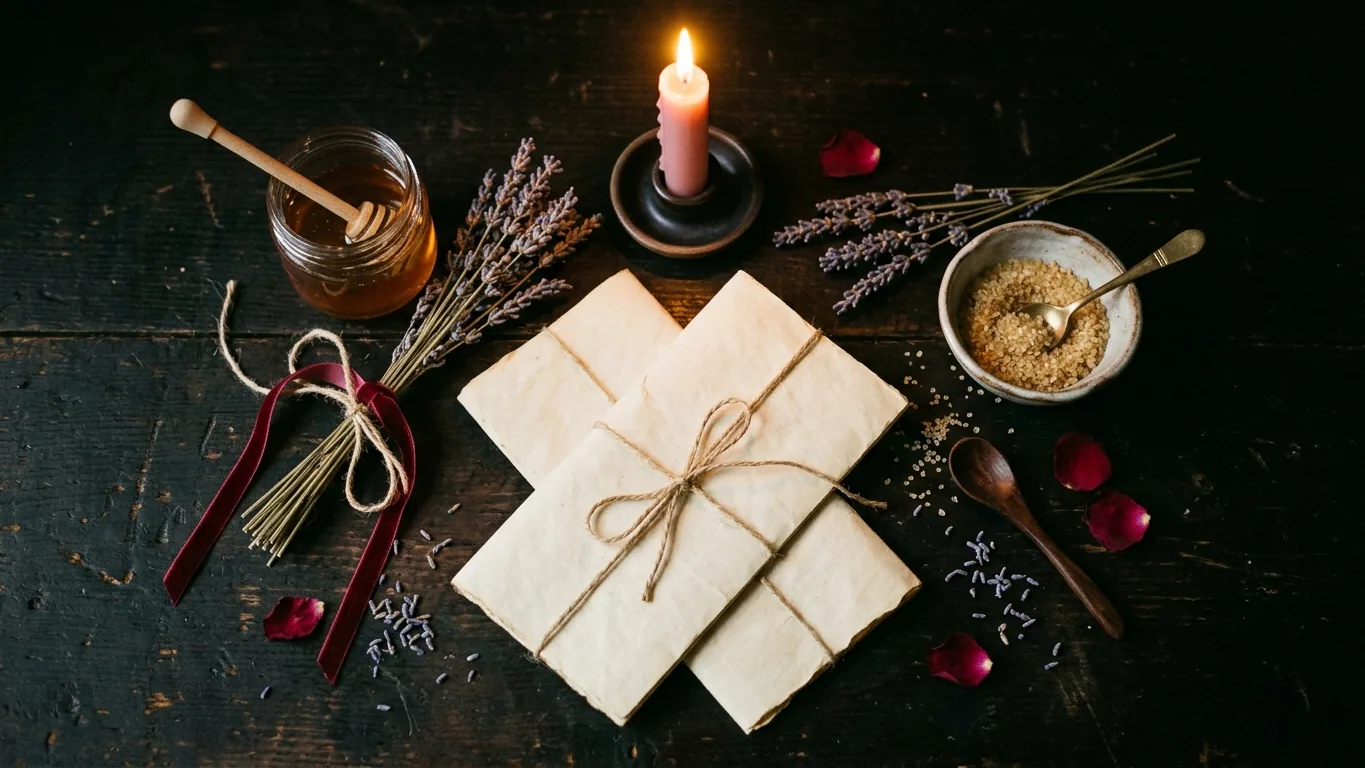 Honey, sugar, lavender and folded papers